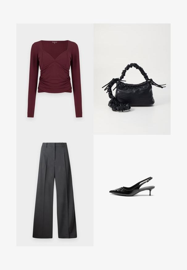 Burgundy long-sleeve top with a square neckline, ruched sides, and a form-fitting design in soft, stretchy fabric.; Wide-leg trousers in dark gray fabric, featuring a high waist, single pleats, and a smooth texture with a clean finish at the hems.; Black leather slingback heels with a pointed toe, small kitten heel, and a decorative knot detail on the front. Smooth texture throughout.; Black faux leather handbag with a crocodile texture, cinched top, and a scrunched strap. Appears soft and compact in design.