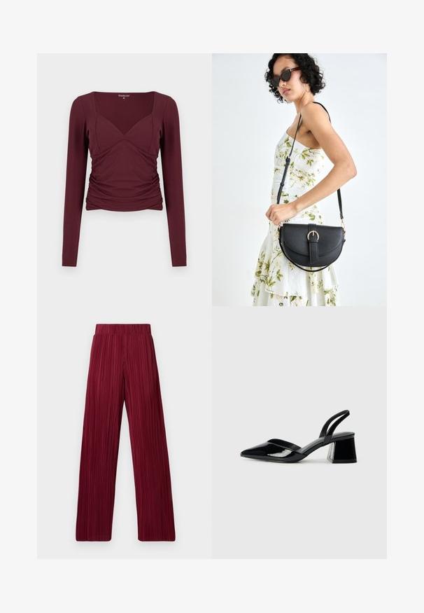 Burgundy long-sleeve top with a square neckline, ruched sides, and a form-fitting design in soft, stretchy fabric.; Maroon pleated wide-leg pants with an elastic waistband. Textured fabric features vertical stripes. Straight cut to the hem.; Black patent leather slingback heels with a pointed toe and a geometric block heel. Features a sleek, minimal design and smooth texture.; Black leather handbag with a curved shape, detachable strap, and gold hardware. The bag features a flap with a buckle detail.