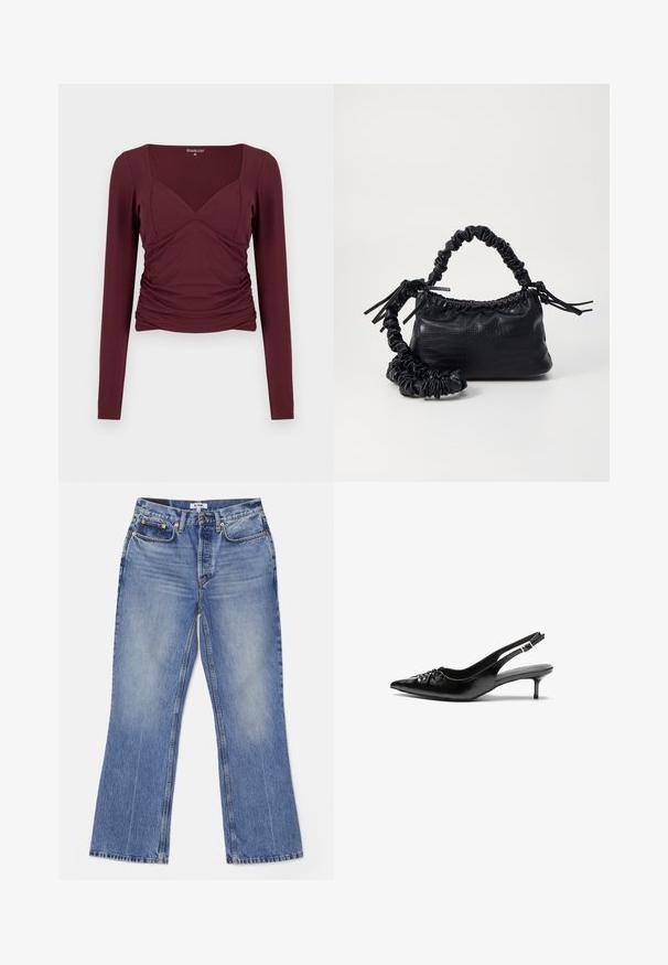 Burgundy long-sleeve top with a square neckline, ruched sides, and a form-fitting design in soft, stretchy fabric.; RE/DONE LOOSE - Bootcut jeans - hacienda; Black leather slingback heels with a pointed toe, small kitten heel, and a decorative knot detail on the front. Smooth texture throughout.; Black faux leather handbag with a crocodile texture, cinched top, and a scrunched strap. Appears soft and compact in design.