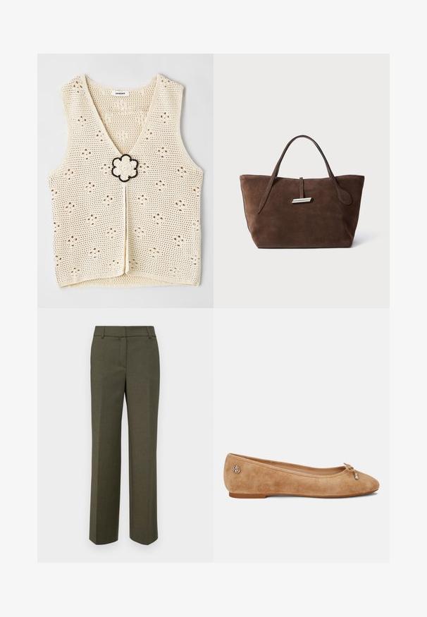 sandro - Top; Spodnie w oliwkowym kolorze, kroju dopasowanego, wykonane z fakturowanej tkaniny. Posiadają prostą nogawkę, gładki przód i brak widocznych ozdób.; Beżowe zamszowe baleriny z lekko spiczastym noskiem, akcentem w postaci kokardy z przodu i małym metalowym logo na pięcie. Płaska podeszwa.; Brązowa zamszowa torba na ramię z dwoma miękkimi uchwytami, pionowym paskiem z srebrnym akcentem i szerokim, otwartym wnętrzem. Gładka faktura, minimalistyczny design.