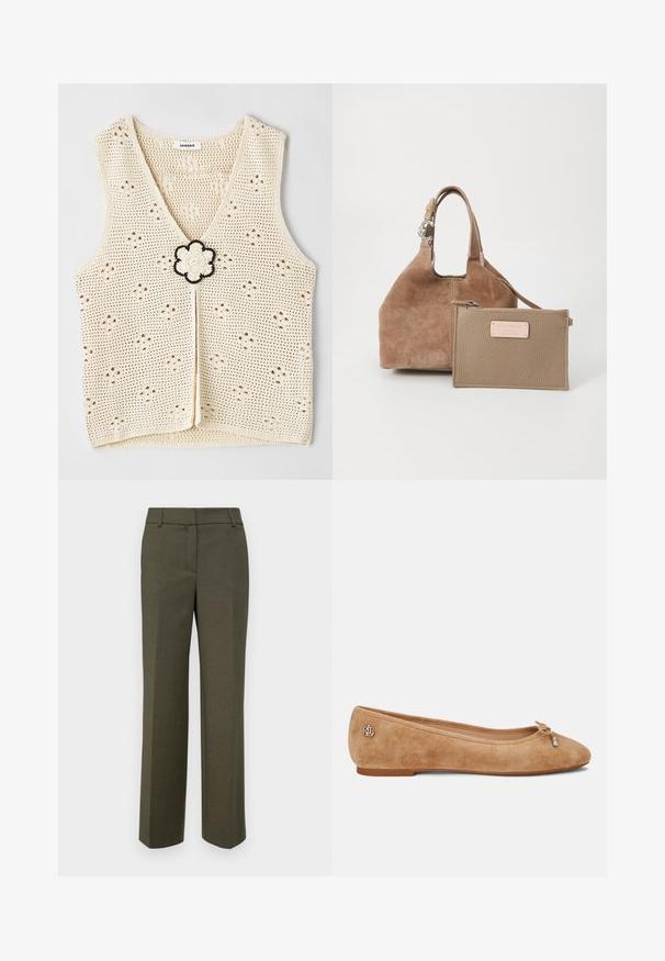 sandro HAUT - Top - ecru; Olivgrüne maßgeschneiderte Hose aus strukturiertem Stoff. Merkmale ein gerades Bein-Design mit flachem Vorderteil und ohne sichtbare Verzierungen.; Beige Wildleder Ballerinas mit leicht spitzem Zehenbereich, einer Schleifenakzent an der Vorderseite und einem kleinen metallischen Logo an der Ferse. Flache Sohle.; Braune Wildleder-Handtasche mit runder Form und kurzem Griff. Enthält ein abnehmbares, tanfarbenes Lederetui mit Reißverschluss und Logo-Akzent.