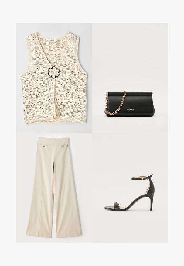 sandro HAUT - Top - ecru; Beige vidde benbukser med høj talje, der har to dekorative forlommer og guldfarvede knapper på hver side. Glat stoftekstur.; Sort læder højhælede sandaler med ankelrem. Har en glat tekstur, åben tå og en tynd hæl. Guldtonet spænde detalje.; Sort læder clutch taske med en guldkæde strop, der har en glat tekstur, rektangulær form og præget branding på forsiden.