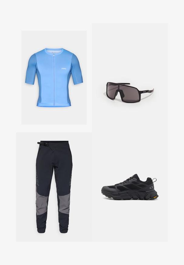 Gaiši zils velosipēdu krekls ar īsām piedurknēm, ar rāvējslēdzēju priekšā un pieguļošu dizainu. Iezīmējas ar gludu audumu un diskrētu zīmola logotipu uz krūtīm.; Oakley MAVEN SCRUB PANT - Āra bikses - black/grey; Melnas sporta kurpes ar biezām zolēm, sieta un sintētiska augšdaļa, teksturēti akcenti un Vibram zīmols uz ārējās zoles.; Melnas taisnstūra formas saulesbrilles ar tumšajiem stikliem, platais rāmis un slaidās melnās kājas. Uz tempļiem ir redzams logotips. Gluda tekstūra.