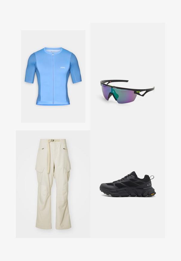 Maillot de cyclisme bleu clair à manches courtes, avec fermeture éclair sur le devant et design ajusté. Fabriqué en tissu lisse, il présente un logo de marque discret sur la poitrine.; Pantalons cargo beiges à jambe large, taille ceinturée, deux poches latérales et renforts aux genoux. Texture lisse avec des détails de couture renforcée.; Baskets de sport noires avec une semelle épaisse, tige en mesh et synthétique, accents texturés et marque Vibram sur la semelle extérieure.; Lunettes de sport avec une monture noire, grandes verres dégradés aux teintes violettes et vertes, et des accents de design angulaires avec un détail de logo.