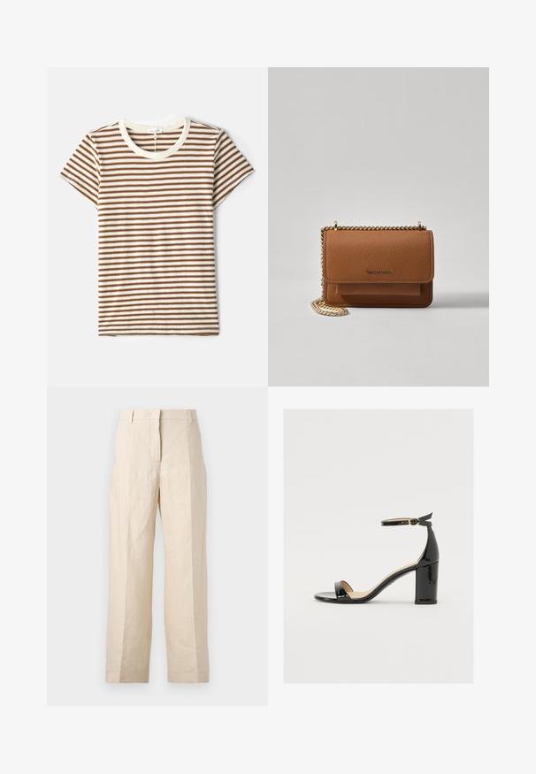 Striped t-shirt featuring brown and white horizontal stripes, short sleeves, and a cream-colored crew neck in a soft, textured fabric.; Beige linen trousers with a loose fit, pleated front, and straight legs. Features a waistband with belt loops and no visible pockets.; Black patent leather sandal with a wide heel, open toe, and ankle strap featuring a gold buckle. Smooth texture and sleek design.; Brown textured leather crossbody bag with gold chain strap and flap closure. Front features logo detail and a pocket under the flap.