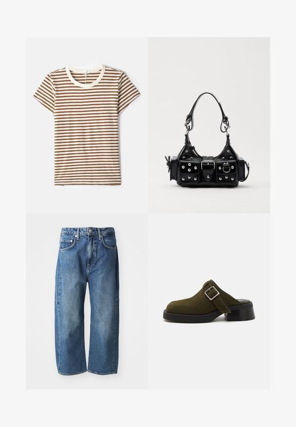 T-shirt rayé avec des rayures horizontales marron et blanches, manches courtes et un col rond crème en tissu doux et texturé.; Jeans en denim bleu avec une coupe décontractée à jambes larges, dotés de poches avant, d'une fermeture à bouton et à glissière, et d'un léger délavage au niveau des genoux.; Mule en daim vert olive avec un petit talon noir épais. Dispose d'une sangle latérale avec une boucle en argent pour le réglage. Texture lisse dans l'ensemble.; Sac à main en cuir noir au design courbé, avec des clous en argent, une boucle et deux poches latérales. Bandoulière réglable pour différentes options de transport.