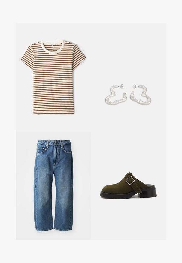 Röstripeeritud t-särk, millel on pruunid ja valged horisontaalsed triibud, lühikesed varrukad ja kreemivärvi ümmargune kaelus pehmes, tekstuuriga kangas.; Sinine denim, millel on lahtine, laia jala disain, ees taskud, nööp ja tõmblukk ning õrn fade kohtades, kus on põlved.; Olive rohelise suede'ist mule madala, robustse musta kontsaga. Omab külgrihma hõbedase pandlaga reguleerimiseks. Üldine tekstuur on sile.; Hõbedatoonilised kõrvarõngad, millel on laineline, abstraktne disain, kaunistatud väikeste sädelevate kristallidega. Kindel nööpkinnitus.