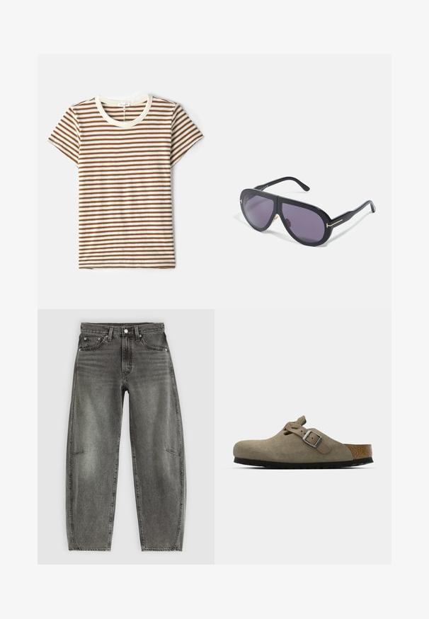 Raidallinen t-paita, jossa on ruskeita ja valkoisia vaakasuoria raitoja, lyhyet hihat ja kerma-vaalea pyöreä kaulus pehmeässä, teksturoidussa kankaassa.; Vaaleanharmaat korkeavyötäröiset, pesetyt farkut viidellä taskulla, nappikiinnitys ja rento suora lahje.; Korkkipohjaiset mokkanahkaiset klossit vaaleassa oliivinvihreässä. Varustettu metallisoljella ja pyöristetyllä varpaalla.; Mustat aurinkolasit, joissa on ylisuurikokoiset, kulmikkaat kehykset, tumman violetit linssit ja kultasävyiset yksityiskohdat varsissa. Mattapintainen viimeistely sileällä tekstuurilla.