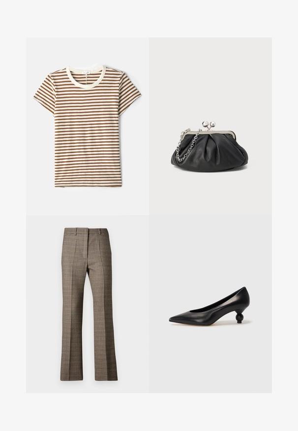 Randig t-shirt med bruna och vita horisontella ränder, korta ärmar och en krämfärgad rund hals i ett mjukt, texturerat tyg.; Bruna rutiga byxor med rak benpassform, som har ett texturerat tyg och subtila färger av beige och mörkare bruna nyanser genom mönstret.; Svart läderhögklackad sko med spetsig tå och rund, bollformad klack. Slät yta med en elegant, minimalistisk design.; Svart läderclutch med rynkad struktur, silverfärgad metallram, lås med kysslås och kedjesnodd. Slät, mjuk yta.