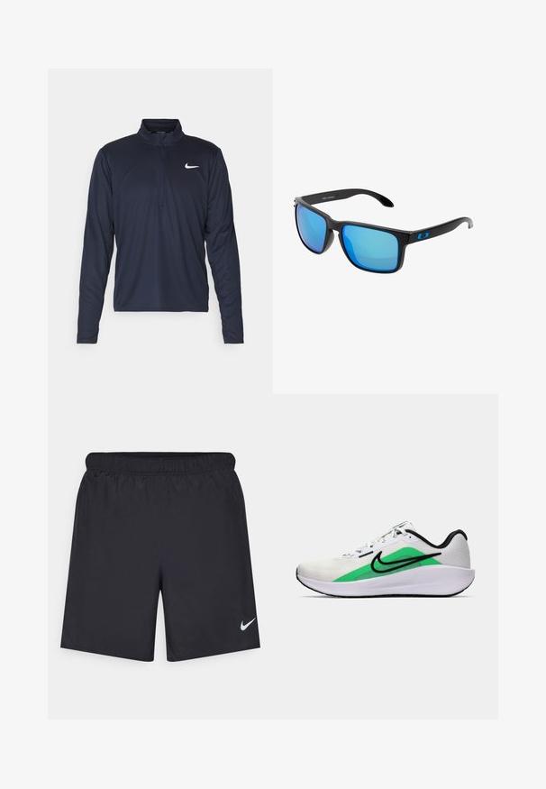 Nike Performance PACER TOP - Long sleeved top - obsidian/silver; Black athletic shorts made of lightweight material with an elastic waistband. Features a small white Nike logo on the lower left side.; White athletic shoe with a green accent, black logo, mesh upper, cushioned sole, and a rounded heel. Features laces and contrast detailing.; Stylish black sunglasses with blue mirrored lenses, square frames, and blue accent on the temple. Made from lightweight plastic material.