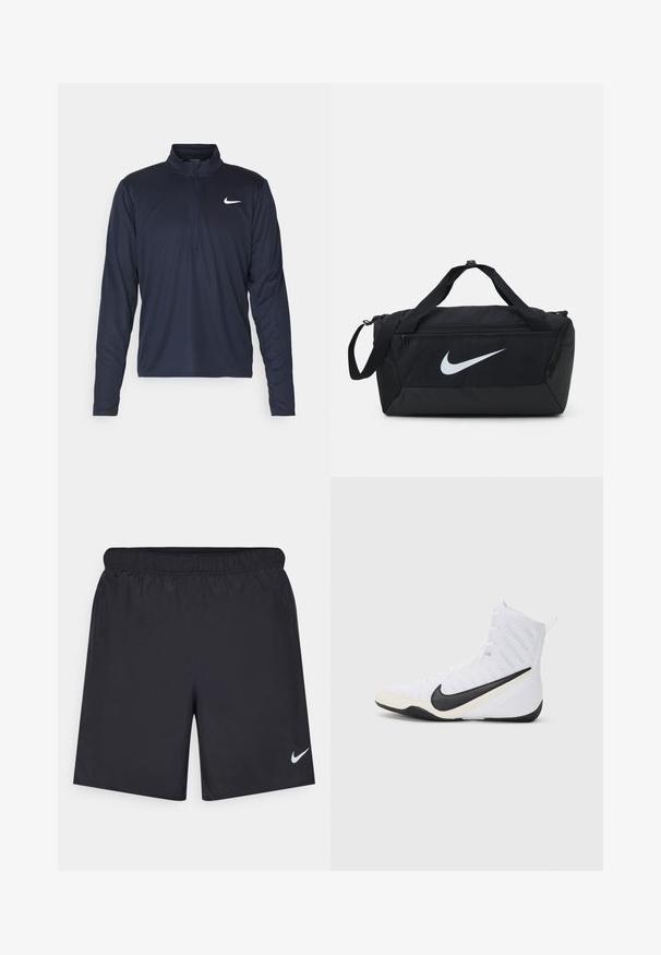 Nike Performance PACER TOP - Hosszú ujjú felső - obsidian/silver; Fekete sportnadrág könnyű anyagból, rugalmas derékkal. A bal alsó oldalon egy kis fehér Nike-logó található.; Fehér Nike sportcipő fekete pipa logóval. Magasított dizájn, texturált felsőrész és tartós gumitalp jellemzi.; Fekete sporttáska nagy fehér Nike logóval, tartós anyagból készült, két fogantyúval és állítható vállpánttal.