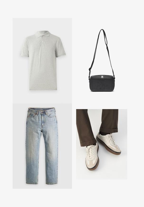 Siva polo majica iz mehkega bombaža. Ima klasičen ovratnik, plakat s tremi gumbi in kratke rokave. Gladka tekstura brez vzorcev.; Svetlo modri džins hlače z visokim pasom, sprednjim gumbom, zadrgo in petimi žepi, laid flat na nevtralni podlagi.; Bež teniske z teksturiranim prednjim delom iz usnja, gladkimi kožnimi stranicami in rjavo gumijasto podplatom. Vključene vezalke in svetla šivana detajla.; Črna usnjena torbica čez ramo z zadrgo, embosirano logotipom spredaj in nastavljivim pasom. Gladka površina z pravokotno obliko.