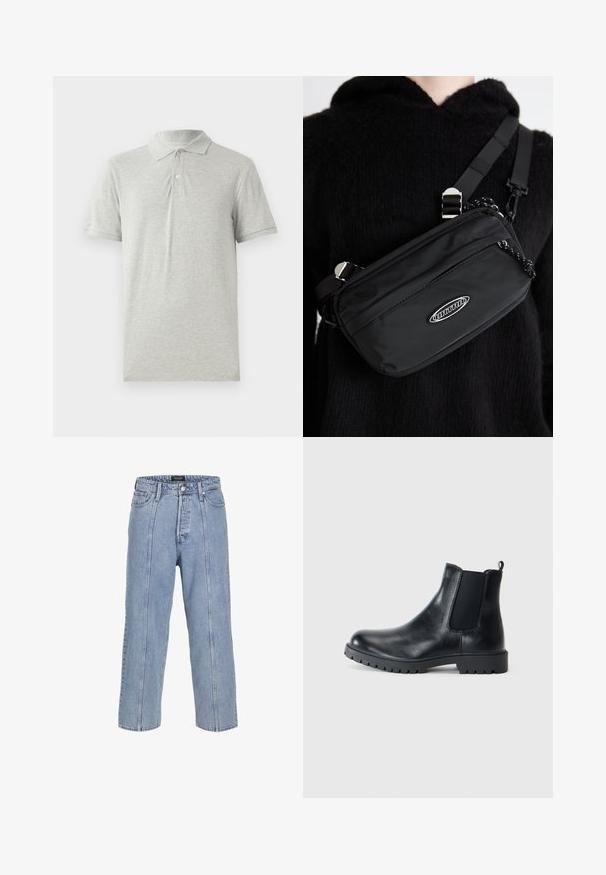 Šedá polo košile vyrobená z měkké bavlny. Obsahuje klasický límeček, tříknoflíkovou légu a krátké rukávy. Hladká textura bez vzorů.; Světle modré džíny z denimu s volným střihem, širokými nohavicemi a viditelnými švy. Obsahují zapínání na knoflík a zip, pět kapes.; Černé kožené chelsea boty mají pružné boční panely, zaoblenou špičku a gumovou podešev s trakčním vzorkem. Minimalistický design s poutkem.; Černá nylonová krosbody taška s nastavitelným popruhem, s hladkou texturou, přední kapsou na zip a akcentem loga.