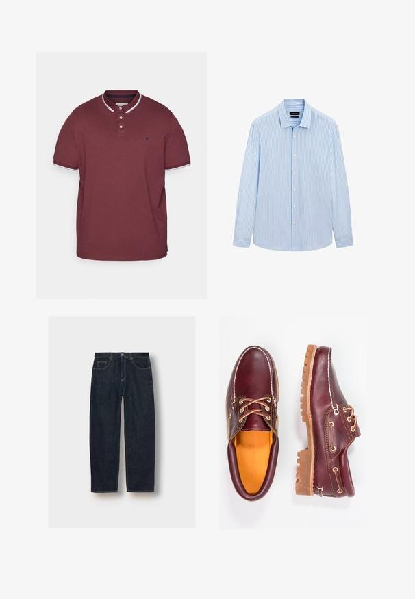 Bordeaux polo-shirt lavet af bomuld, med en klassisk krave, tre-knaps lukning, hvide detaljer på kraven og ærmerne, samt et logo på brystet.; Lysblå skjorte med knapper og lodrette hvide striber, lange ærmer, krave og lige kant. Blandet bomuldsstof.; Mørkeblå denim jeans med løs pasform, fem lommer og kontrastsyninger. Har en knap- og lynlåsclosure. Glat tekstur.; Bordeaux lædersko med brune gummisåler, rund tå, hvid syning og gyldne snøringer. Indersiden har et gult for.