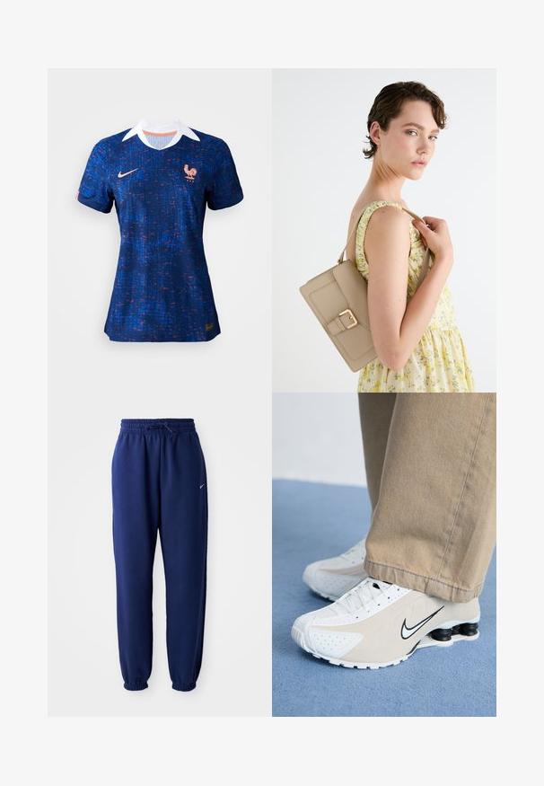 Camisa de futebol azul com um design texturizado, apresentando um colarinho branco, o logo da Nike e o emblema do galo da seleção francesa.; Calças de fato de treino azul marinho feitas de um tecido suave, com uma cintura elástica com cordão, punhos elásticos e um pequeno logótipo branco.; Tênis Nike brancos e bege com design perfurado, logotipo Swoosh preto, parte superior texturizada e um distintivo calcanhar preto com mola.; Bolsa de mão de couro bege com um design estruturado, detalhe em fivela dourada e alça ajustável, apresentada contra um fundo claro.