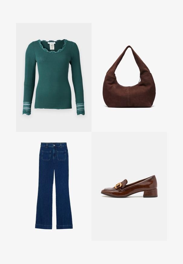Rosemunde Hosszú ujjú felső - sea moss; Sötét kék, sima textúrájú, bővülő farmernadrág, öt zsebbel és gombos derékkal.; Barna bőr loaferek fényes felülettel, dekoratív arany csattal az elején és alacsony blokk sarkával. Klasszikus dizájn.; Barna velúr hobo táska ívelt, széles fogantyúval és nagy nyílással. Puha textúra, a szélek mentén látható varrás részletekkel.