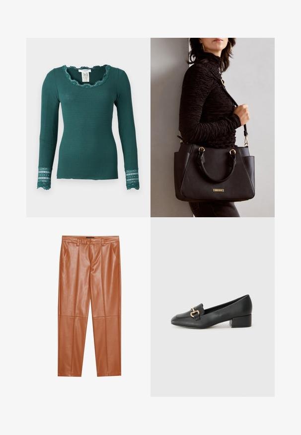 Rosemunde Hosszú ujjú felső - sea moss; Barna műbőr nadrág, testhez simuló fazonnal, elöl pliszírozott részletekkel és egyenes szárakkal. Sima textúra, látható fém részletek vagy díszítések nélkül.; Fekete bőr loaferek lapos talppal, dekoratív arany hardware részlettel az elején és sima felülettel.; Fekete kézitáska texturált felülettel, dupla felső fogantyúval és állítható vállpánttal. Arany színű fém kiegészítők és oldalsó zsebek találhatók rajta.