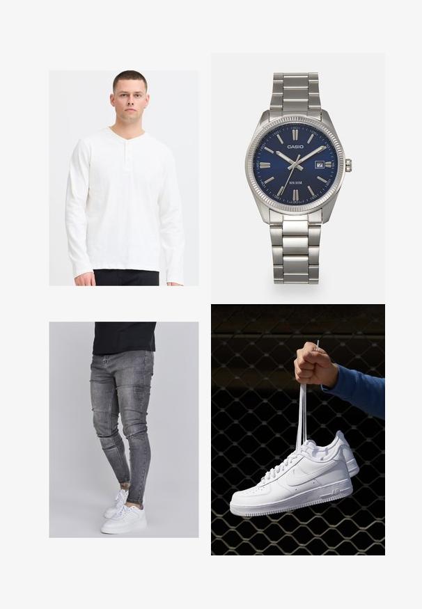 Dlouhý rukáv, bílá henley košile vyrobená z měkké látky s výstřihem do V a zapínáním na tři knoflíky. Jednoduchý, texturovaný design s volným střihem.; Slim fit džíny v bledě šedém denimovém provedení, s opotřebovanými detaily na kolenou, kombinované s bílými teniskami. Hladká textura, těsný střih.; Bílé kožené tenisky s perforacemi, kulatou špičkou, plochou podrážkou a silnými tkaničkami, které mají viditelné logo swoosh a nápis "AIR" na patě.; Stříbrný nerezový náramkový hodinky s navy modrým ciferníkem, kovovými hodinovými značkami a oknem pro datum na hodině 3. Vodotěsné do 50 metrů.