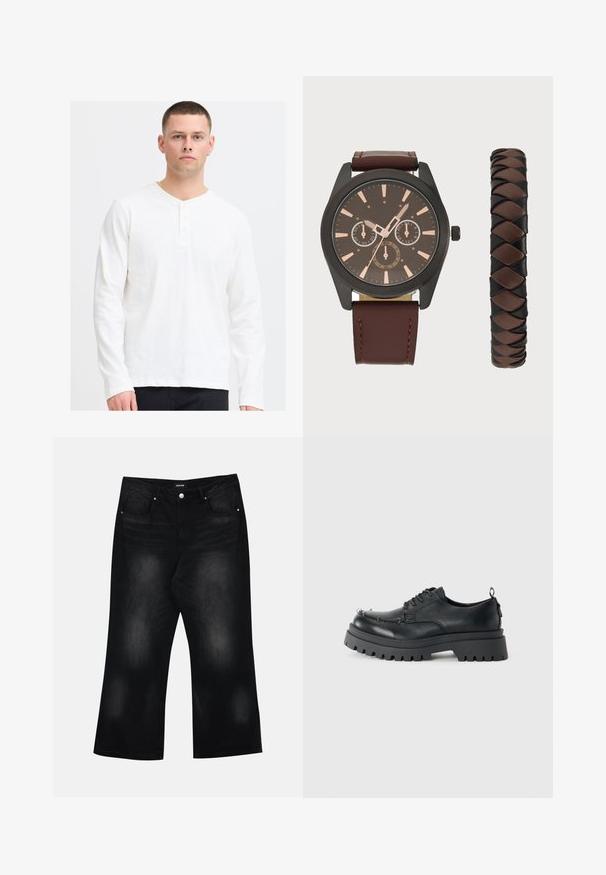 Long-sleeve, white henley shirt made of soft fabric with a V-neckline and three-button placket. Simple, textured design with a relaxed fit.; Black wide-leg jeans made of denim, featuring two front pockets, subtle fading, and a button closure at the waist.; Black chunky leather lace-up shoe with thick rugged sole and metal eyelets on toe area, photographed against a plain light background.; Pier One SET - Watch - black/brown; Pier One SET - Watch - black/brown