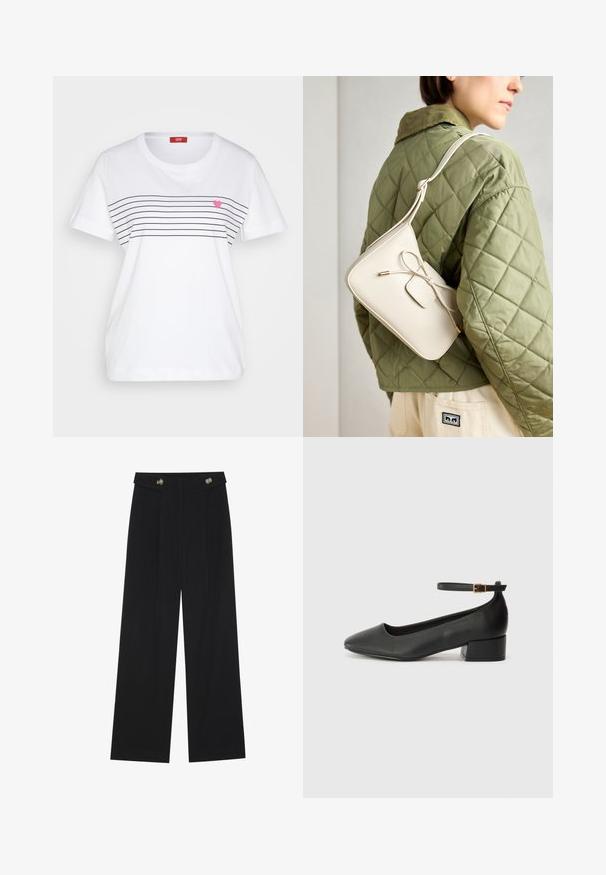 Esprit TEE - T-shirts med print - white; Svart vide bukser med høy midje, knappdetaljer på midjebåndet og frontplisser.; Sorte skinnpumper med spiss tå og lav blokkhelt. Har ankelrem med gullfarget spenne. Glatt tekstur.; Beige skinnveske med en sløyfedetalj, gullhardware og en justerbar stropp, båret over en grønn quiltet jakke.