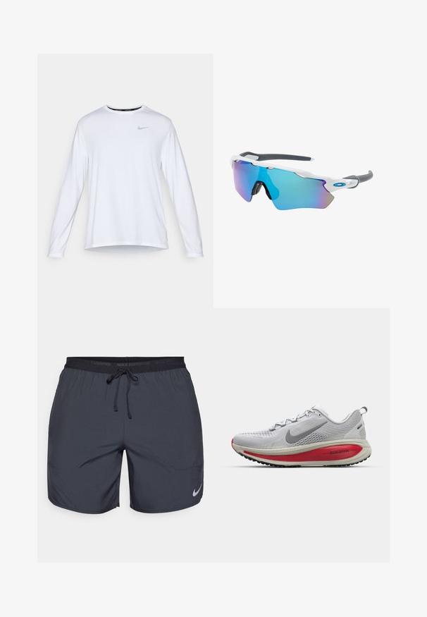 Langärmliges, weißes Sportshirt aus atmungsaktivem Material, mit Rundhalsausschnitt, seitlichem Schlitz und einem reflektierenden grauen Nike-Logo auf der Brust.; Dunkelgraue Nike Laufshorts mit einem elastischen Bund und einem Zugband sowie einem silbernen Logo-Akzent am unteren rechten Bein.; Nike Laufschuh aus hellgrauem Mesh mit roten Akzenten, ausgestattet mit einer abgerundeten Zehenpartie, dicker Dämpfungssohle und strukturiertem Profil für besseren Grip.; Sonnenbrille mit einem weißen Rahmen, grauen Akzenten und blauen Spiegellinsen. Sportliches Design, umschließende Form und verstellbare Nasenpads.