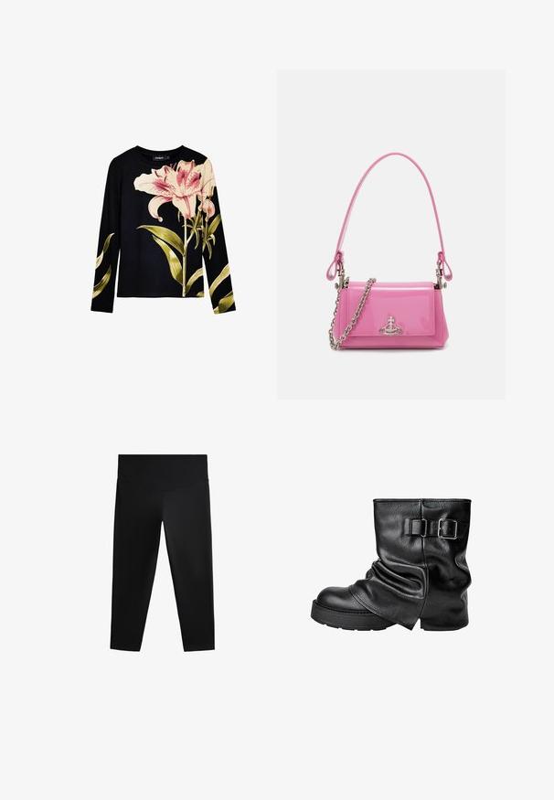 Camică neagră cu mâneci lungi, cu textură ribbită, având imprimeu cu crini roz mari și frunze verzi pe față. Material ușor.; Leggings atletice negre cu un talie înaltă, dintr-un material neted și cu o siluetă ajustată, concepute pentru a oferi libertate de mișcare și confort.; Botine din piele neagră cu un design lăsat, vârf pătrat și o accentuare cu cataramă pe lateral. Talpa groasă oferă o înălțare și o stabilitate suplimentară.; Geantă de mână din piele patent roz, cu formă rectangulară, curea cu lanț detașabil și detalii din metal argintiu pe față.