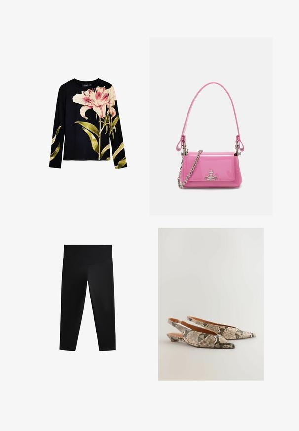 Mustapaita pitkissä hihoissa, jossa on ribbikuviointi, etupuolella suuria vaaleanpunaisia liljoja ja vihreitä lehtiä. Kevyt kangas.; Mustat urheiluleggingsit, joissa on korkea vyötärö, sileä kangas ja istuva siluetti, suunniteltu liikkumisen helppouteen ja mukavuuteen.; Next REGULAR FIT FOREVER COMFORT POINT TOE - Takaa avoimet ballerinat - snake; Vaalea vaaleanpunainen lakattu nahkakäsilaukku, jossa on suorakulmainen muoto, irrotettava ketjun olkaimet ja hopeiset yksityiskohdat edessä.