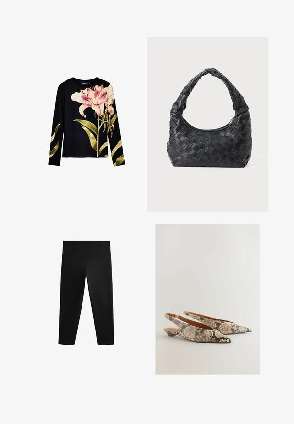 Čierny top s dlhými rukávmi a rebrovanou textúrou, s veľkými ružovými ľaliami a zelenými listami vytlačenými na prednej strane. Ľahký materiál.; Čierne športové legíny s vysokým pásom, hladkým materiálom a priliehavým strihom, navrhnuté pre pohodlný pohyb a komfort.; Next REGULAR FIT FOREVER COMFORT POINT TOE - Balerínky na šnúrky - snake; Čierna kožená pletená ramenná taška s okrúhlou rukoväťou a telom v tvare polmesiaca na jednofarebnom pozadí.