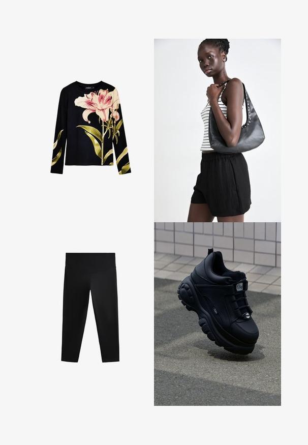 Czarny top z długim rękawem o prążkowanej fakturze, z dużymi różowymi liliami i zielonymi liśćmi nadrukowanymi z przodu. Lekki materiał.; Czarne legginsy sportowe z wysokim stanem, gładkim materiałem i dopasowanym krojem, zaprojektowane z myślą o swobodzie ruchów i komforcie.; Czarne, masywne sneakersy z gładkiej skóry, z sznurowanym przodem, wyściełaną podeszwą i wytłoczonym logo z boku. Widoczna teksturowana podeszwa.; Czarna skórzana torba na ramię o zaokrąglonym kształcie, zdobiona srebrnymi ćwiekami wzdłuż szwu. Modelka ma na sobie paskowaną bluzkę na ramiączkach i czarne szorty.
