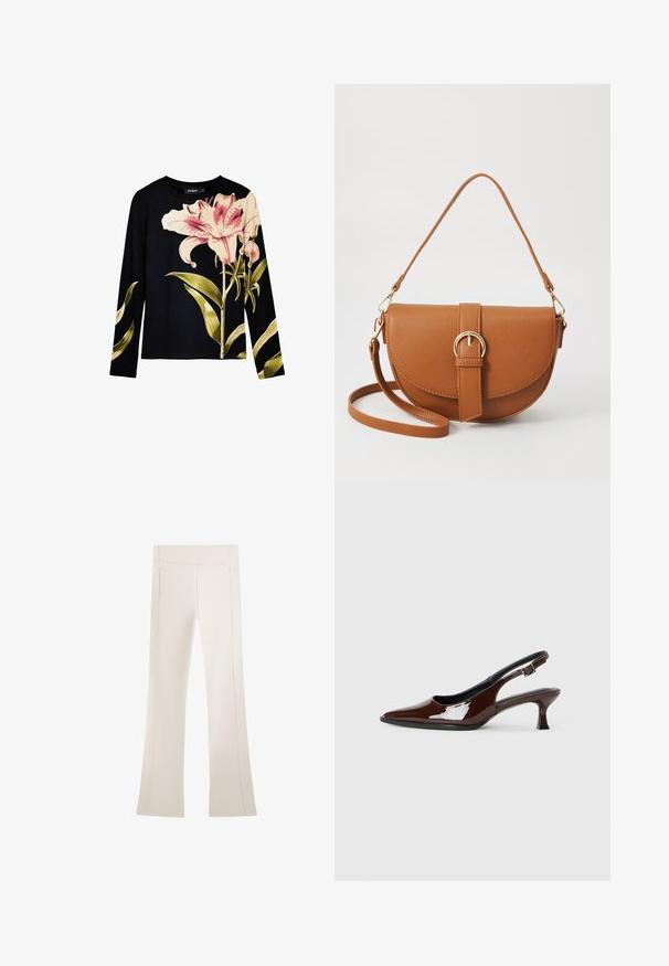 Top nero a maniche lunghe con trama a costine, caratterizzato da grandi gigli rosa e foglie verdi stampate sul davanti. Tessuto leggero.; Pantaloni a zampa d'elefante color crema, realizzati in tessuto morbido. Presentano una vita alta e dettagli con cerniera laterale lungo le cuciture. Texture liscia in tutta la superficie.; Scarpa slingback in pelle verniciata marrone con punta affusolata e tacco moderato. Presenta una fascia con fibbia per una calzata sicura. Tessuto liscio.; Borsa a tracolla in pelle marrone con forma curvata, hardware dorato e un dettaglio con fibbia. Presenta una tracolla rimovibile.