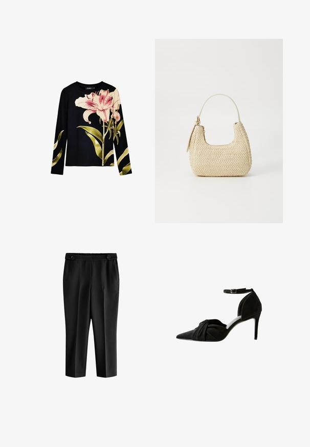 Crna majica dugih rukava s rebrastom teksturom, s velikim ružičastim ljiljanima i zelenim lišćem ispisanim sprijeda. Lagani materijal.; Crne skraćene hlače s opuštenim krojem, elastičnom waistbandom i dva prednja džepa. Tkanina ima glatku teksturu sa blago sjajnim završetkom.; Crni suede visoki potpetice s šiljastim vrhom, detaljem čvora sprijeda i remenom oko gležnja. Ima tanke štikladne potpetice i elegantan dizajn.; Tkana torba od slame u bež boji s zakrivljenim oblikom, kratkom ručkom i bočnim zatvaračem. Ima teksturiranu površinu i minimalistički dizajn.