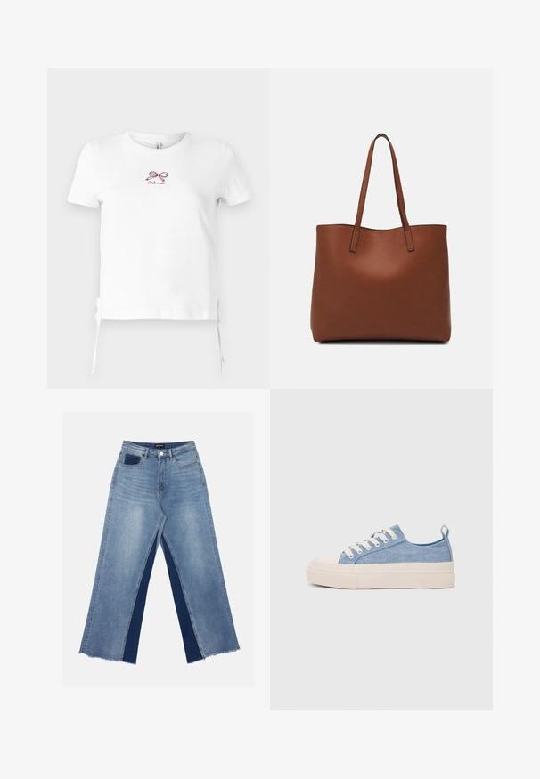 Fehér pamut póló rövid ujjakkal. Kicsi bordó hímzett masni grafika és "c'est moi" felirat díszíti. Oldalt megkötős fazonnal a hemnél.; Világoskék, bőszárú farmernadrág, kontrasztos sötétkék panelekkel, szálkás szegélyekkel, valamint normál derekú, fém gombos záródással.; Világoskék vászon sportcipők, krémszínű gumitippel és talppal, fehér fűzőkkel és egy húzófüllel a sarkán.; Barna bőr vászontáska sima textúrával, nyitott tetejű dizájnnal és két vállpánttal. Minimális varrással és látható hardver nélkül készült.