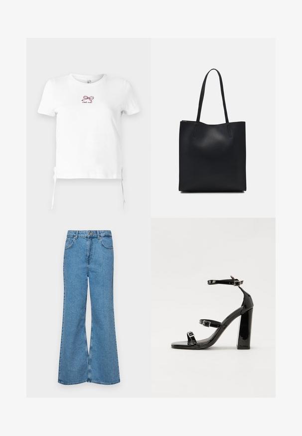 Tricou alb din bumbac cu mâneci scurte. Prezintă un mic grafic brodat cu un fundiță burgundie și textul "c'est moi." Legături laterale la margine.; Jeanși evazați de culoare albastru deschis, din denim, cu talie înaltă, cinci buzunare și închidere cu un singur buton. Textură moale cu un finisaj decolorat.; Sandale cu toc din patent negru, cu vârf pătrat, curele la gleznă și catarame din argint. Dispune de un toc gros pentru stabilitate.; Geantă tote neagră din piele, cu textură netedă, formă rectangulară și două mânere lungi. Fără hardware vizibil sau ornamente.