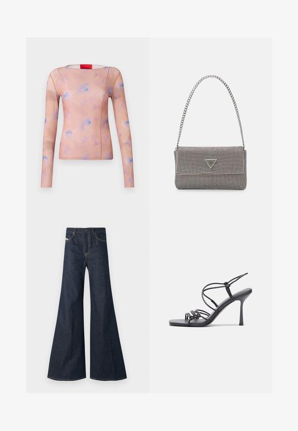 Top cu mânecă lungă, de culoare piersică deschisă, cu modele abstracte în nuanțe pastel de albastru și roz.Țesătură netedă, cu o deschidere rotundă la gât și detalii pe cusăturile laterale.; Jeans negri închis, evazați, din denim, având talie înaltă, accente din fir auriu și două buzunare frontale cu închidere prin buton.; Sandale negre cu toc înalt au curele subțiri cu un design legat, un vârf pătrat neted și un toc stiletto elegant.; Geantă metalică gri deschis, cu un strap din lanț, decorată cu mici ținte circulare metalice și un logo de marcă triangular.; Cercei rotunzi din argint cu un finisaj neted și strălucitor. Design ușor, având o formă rotundă și închidere cu tijă.