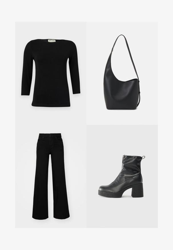 Juodas ilgo rankovės medvilnės marškinėlis su valtimi iškirpte ir prigludusia forma. Glotni tekstūra su subtiliu blizgesiu, be akivaizdžių raštų ar akcentų.; Juodos plačios kelnės iš denimo, turinčios struktūruotą juosmenį, diržo kilpas ir priekines kišenes. Lygus paviršius su klasikinio dizaino elementais.; Juodos kulkšninių botai, pagaminti iš lygaus odos, su šoniniu užtrauktuku, masyviu tekstūruotu kulnu ir apvaliu pirštu.; Juodas odinis hobo maišas su lygiu paviršiumi, kreipta forma ir viena reguliuojama rankena; turi platų atidarymą viršuje.