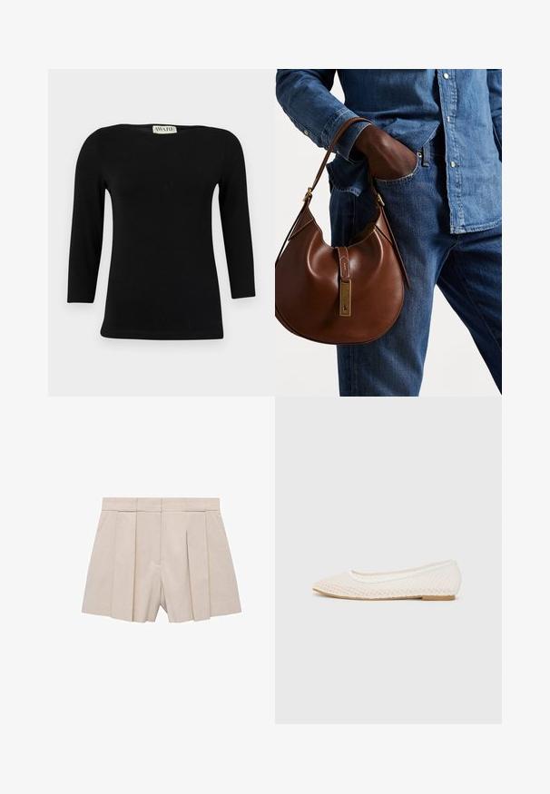 Crna pamučna majica dugih rukava s brodskim izrezom i prilagođenim oblikom. Glatka tekstura s blagim sjajem, bez izraženih uzoraka ili naglasaka.; Bežani kratki hlače s naglašenim dizajnom, visokog struka i glatke teksture. Četiri prednja nabora stvaraju volumen. Bez džepova.; Bijela ravna cipela s mrežastim dizajnom, šiljatog vrha i niskom ravnom potplatu. Teksturalni gornji dio s glatkom podlogom i suptilnom kontrastnom oblogom.; Smeđa kožna hobo torba zaobljenog oblika, sa zlatnim metalnim detaljima i kontrastnim šavovima. Uparena s traper košuljom i trapericama.