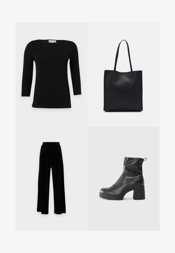 Must värviga pika varrukaga puuvillane topp, millel on paadiserv ja nahksoonekuju. Silmapaistev tekstuur kerge sära ja ilma eristuvate mustrite või aktsentideta.; Mustad laiad püksid, mis on valmistatud pehmest sametist, elastse vöökoha ja siledaga, ilma nähtavate detailide või mustriteta.; Mustad mustad ansapüksid, mis on valmistatud siledast nahast, külje zipperiga, paksu tekstuuriga kontsaga ja ümmarguse nina disainiga.; Mustast nahast kott sujuva tekstuuriga, ristkülikukujuline ja kahe pika sangaga. Pole nähtavat riistvara ega kaunistusi.