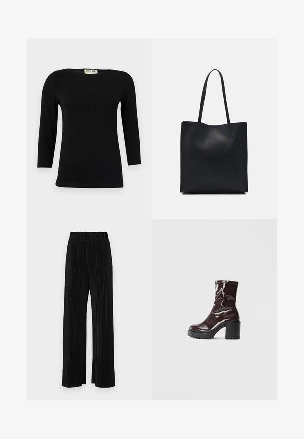 Svart langermet bomullstopp med off-shoulder-hals og en kroppsnær fasong. Glatt tekstur med en subtil glans, uten særskilte mønstre eller detaljer.; Sorte plisserte bukser med elastisk midje. Har vide ben og et glatt, strukturert stoff med vertikale striper.; Glinsende burgunder ankelstøvel med en kraftig svart hæl, med en glatt tekstur og enkelt design. Ingen synlige lukkinger eller mønstre.; Svart lær tote bag med glatt tekstur, rektangulær form og to lange håndtak. Ingen synlige deler eller dekorasjoner.