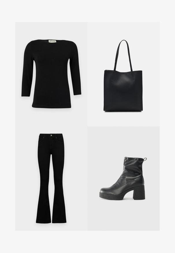 Black long-sleeve cotton top featuring a boat neckline and a fitted shape. Smooth texture with a subtle sheen, no distinct patterns or accents.; Black high-waist jeans with a button and zip closure, front pockets, and flared legs laid flat on a white background.; Black ankle boots made of smooth leather, featuring a side zipper, chunky textured heel, and rounded toe design.; Black leather tote bag with smooth texture, rectangular shape, and two long handles. No visible hardware or embellishments.