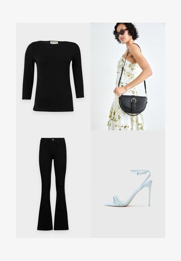 Must värviga pika varrukaga puuvillane topp, millel on paadiserv ja nahksoonekuju. Silmapaistev tekstuur kerge sära ja ilma eristuvate mustrite või aktsentideta.; Mustad kõrge vöökohtadega teksad, millel on nööp ja lukuga sulgemine, esikäe taskud ja laienevad sääred, asetatud tasasele valgele taustale.; Hele helesinised stilletod, millel on kaks eesmist rihma ja pahkluu rihm, valmistatud sileda lakkmaterjali, kitsas kand ja minimaalne disain.; Mustmust mustraha kõverate joontega, eemaldatava rihmaga ja kuldsete detailidega. Kotil on klapp, millel on pandladetail.