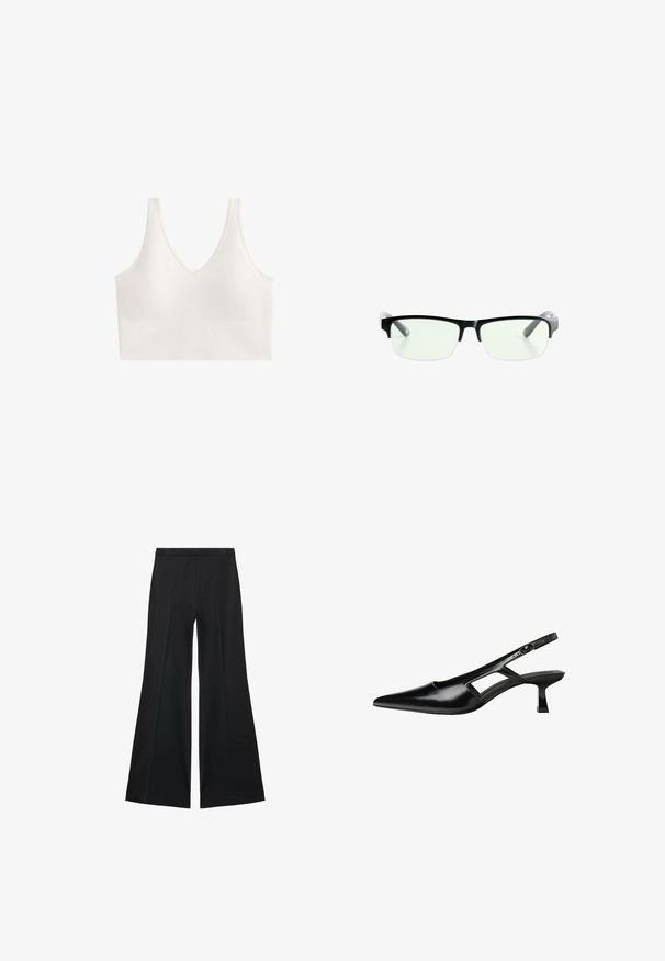 Vit trådlös bralette med V-ringning och ett texturerat mönster. Designen har breda axelremmar och en sömlös konstruktion.; Svarta vida byxor med en slät textur, med framfickor och skräddarsydd design. Tyget är lätt och flödande.; Svart lackläder slingback-klackar med spetsig tå, utskuren sidor och en liten fyrkantig klack. Slät textur med minimala accenter.; Svarta rektangulära glasögon med klara linser, med eleganta svarta bågar och grå genomskinliga tempelspetsar. Minimalistisk design, utan synlig varumärkeslogotyp.