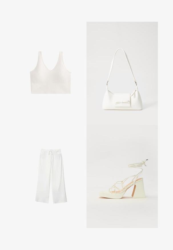 Brassiere wireless bianco con scollatura a V e un motivo testurizzato. Il design presenta spalline larghe e una costruzione senza cuciture.; Pantaloni bianchi a gamba larga realizzati in tessuto morbido, con vita regolabile e due tasche frontali. Texture liscia e senza motivi visibili.; Sandalo bianco con tacco alto, caratterizzato da un design a cinturini e un legaccio alla caviglia. Texture liscia con una piattaforma frontale per un'altezza aggiuntiva.; Borsa sintetica bianca a forma triangolare, con patta anteriore piatta e dettaglio a fiocco, tracolla regolabile, texture liscia e design minimalista.
