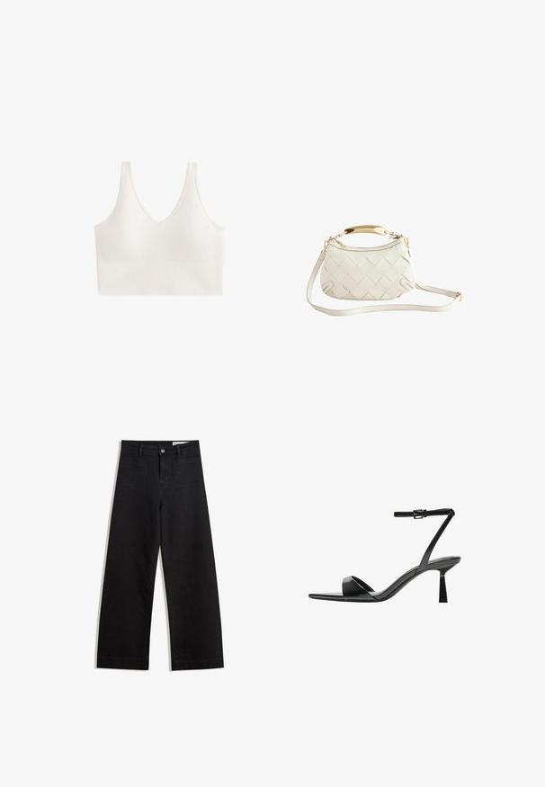 Witte draadloze bralette met een V-hals en een gestructureerd patroon. Het ontwerp heeft brede banden en een naadloze constructie.; Zwarte denim broek met wijde pijpen en een hoge taille, voorzien van voor- en achterzakken, gestikte naden en een knoopsluiting. Gladde textuur.; Bershka Sandalen met hoge hak - black; Witte geweven leren handtas met een gouden handvat, afneembare schouderband en ronde bodem. Voorzien van een ritssluiting aan de bovenkant.