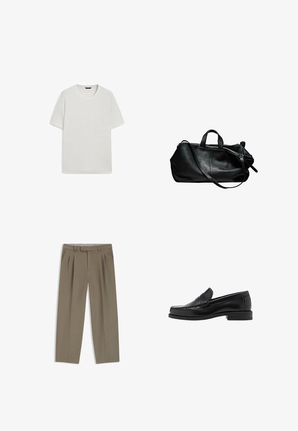 Bílý krátký rukáv tričko vyrobené z bavlny, s kulatým výstřihem a volným střihem, bez viditelných vzorů nebo akcentů.; Khaki plisované kalhoty s bočními kapsami, poutky na opasek a rovnými nohavicemi, vystavené na bílé pozadí.; Černé kožené mokasíny s hladkým povrchem, prošíváním na špičce a nízkým podpatkem pro komfort a styl.; Černá kožená cestovní taška s texturovaným povrchem, dvojitými krátkými uchy, odnímatelným dlouhým popruhem a zipovým uzávěrem. Oválný tvar, minimalistický design.