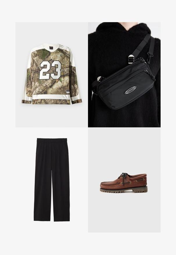 Ilgų rankovių sportinė maikutė su kamufliažo raštu, baltais akcentais, dideliu 23 numeriu baltai, ir Jordan prekės ženklais ant krūtinės ir apykaklės.; Juodos platėjančios kelnės su pločiu priekiniu raukiniu, šoninėmis kišenėmis ir lygiu audiniu. Sukurtos patogiam prigludimui.; Rudos odinės valtinės bateliai su tekstūruota viršutine dalimi, juoda raištelių sistema ir auksinėmis aklėmis. Yra patvari, griovelio formos guma. ; Juodas nailono per petį nešiojamas krepšys su reguliuojama juosta, turintis lygią tekstūrą, priekinį užtrauktuką ir logotipo akcentą.