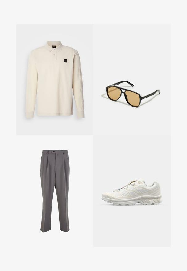 Långärmad polotröja i off-white, tillverkad av bomull. Har en knäppt krage, ribbade ärmslut och en märkespatch på bröstet.; Grå plisserade byxor i mjukt tyg, med rak passform, en enkel knappstängning och bälteshällor. Minimalistisk design.; Vit löparskor med ett ventilerande mesh-överdrag, texturerade detaljer och en vadderad sula. Utrustad med ett snabbt snörningssystem för enkel passform.; Svarta solglasögon med bruna tonade linser; rektangulär form med en tjock ram, inklusive subtila detaljer av metall vid glasögonbågarna.