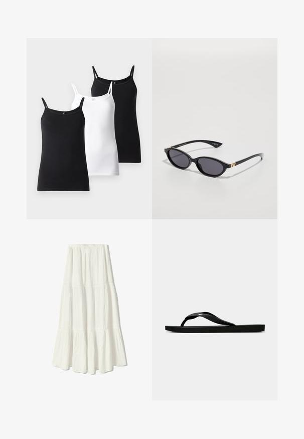 Tri majice na bretele: ena črna, ena bela, obe z tankimi naramnicami in oprijetim krojem, izdelane iz mehkega, elastičnega bombažnega materiala.; Svetlo roza kamizola z nastavljivimi naramnicami, oprijetim pasom in razširjenim obodom z valovitim robom in detajlom za zavezovanje.; Bela maksi krila s večplastnim dizajnom, izdelana iz lahkega materiala. Ima elastičen pas in nežne šive.; Črne gumijaste japonke s teksturirano thong naramnico in preprostim ravnim podplatom, prikazane s strani na enobarvni svetli podlagi.; Črne sončne očala z ovalnimi lečami, temno gradientno zaščito ter ozkimi ročaji z diskretnimi zlatimi detajli. Gladka plastična površina.