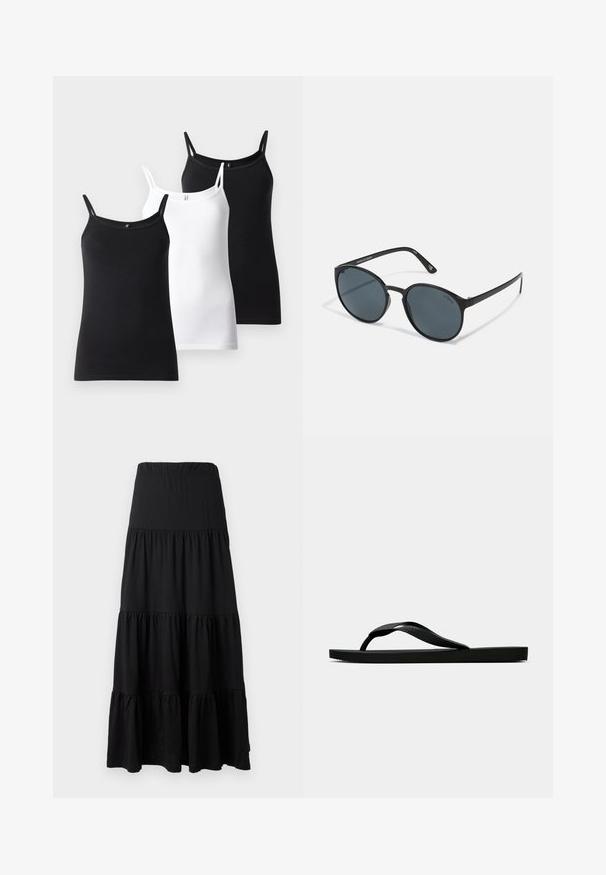 Tričká bez rukávov: jedno čierne, jedno biele, obidve s tenkými ramienkami a priliehavým strihom, vyrobené z mäkkej, elastickej bavlny.; Čierna maxi sukňa vyrobená z jemnej látky, s vrstveným dizajnom, elastickým pásom a volánmi na leme.; Čierne gumené žabky s textúrovaným popruhom a jednoduchou plochou podrážkou, zobrazené z boku na jednofarebnom svetlom pozadí.; Hranaté čierne slnečné okuliare s tmavými šošovkami, vyrobené z plastu. Úzke ramienka so značkovaním na boku, s hladkým povrchom a jemnými akcentmi.