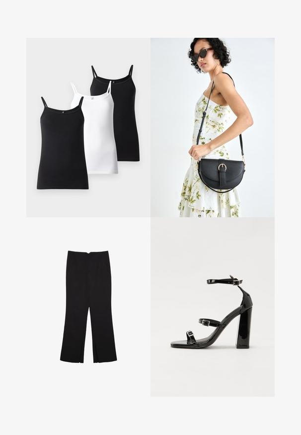 Trzy topy: jeden czarny, jeden biały, obydwa z cienkimi ramiączkami i dopasowanym krojem, wykonane z miękkiego, elastycznego materiału bawełnianego.; Czarne spodnie o prostym kroju, z przednimi kieszeniami i bocznymi rozcięciami na dole. Wykonane z miękkiego, gładkiego materiału. Odpowiednie na różne okazje.; Czarne lakierowane sandały na obcasie z kwadratowym noskiem, z paskami wokół kostki i srebrnymi klamrami. Posiadają masywny słupek dla stabilności.; Czarna skórzana torebka o zakrzywionym kształcie, z odpinanym paskiem i złotymi akcentami. Torebka posiada klapę z zapięciem w kształcie klamry.