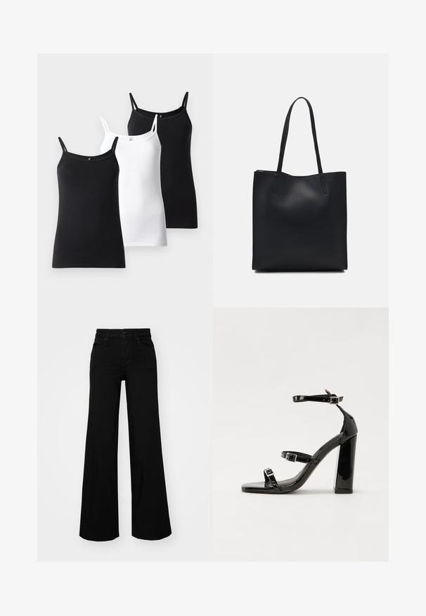 Tre tank topper: en svart, en hvit, begge med tynne stropper og en tettsittende design, laget av mykt, elastisk bomullsmateriale.; Svart vide bukser laget av denim, med en strukturert midjebånd, beltestropper og frontlommer. Glatt tekstur med et klassisk design.; Svart høyglans sandaler med hæl, firkantet tå, ankelremmer og sølvspenner. Har en kraftig blokkhæl for stabilitet.; Svart lær tote bag med glatt tekstur, rektangulær form og to lange håndtak. Ingen synlige deler eller dekorasjoner.